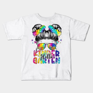 Hello Kindergarten Back To School Messy Hair Bun Girl Tie Dye Kids T-Shirt